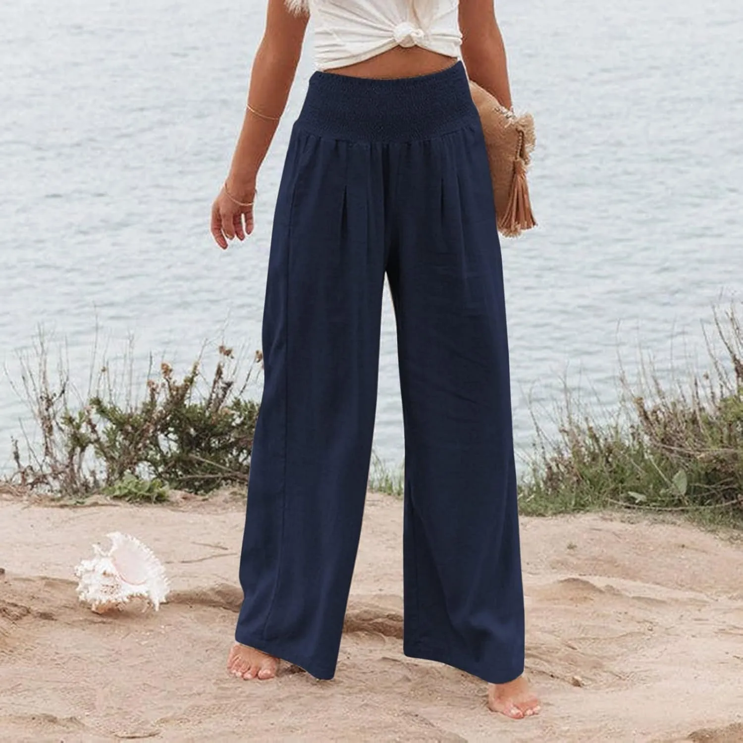 Linen Palazzo Pant Women 2025 Summer Boho Wide Leg High Waist Lounge Pants Casual Beach Vacation Outfits