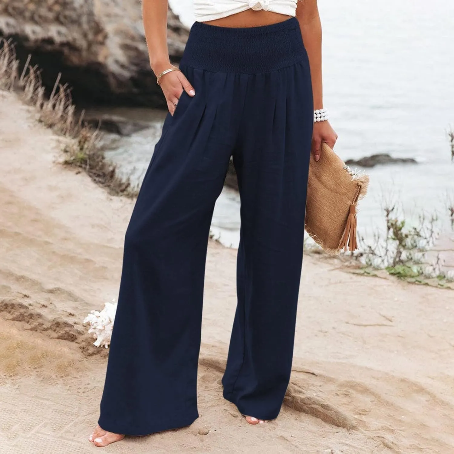 Linen Palazzo Pant Women 2025 Summer Boho Wide Leg High Waist Lounge Pants Casual Beach Vacation Outfits