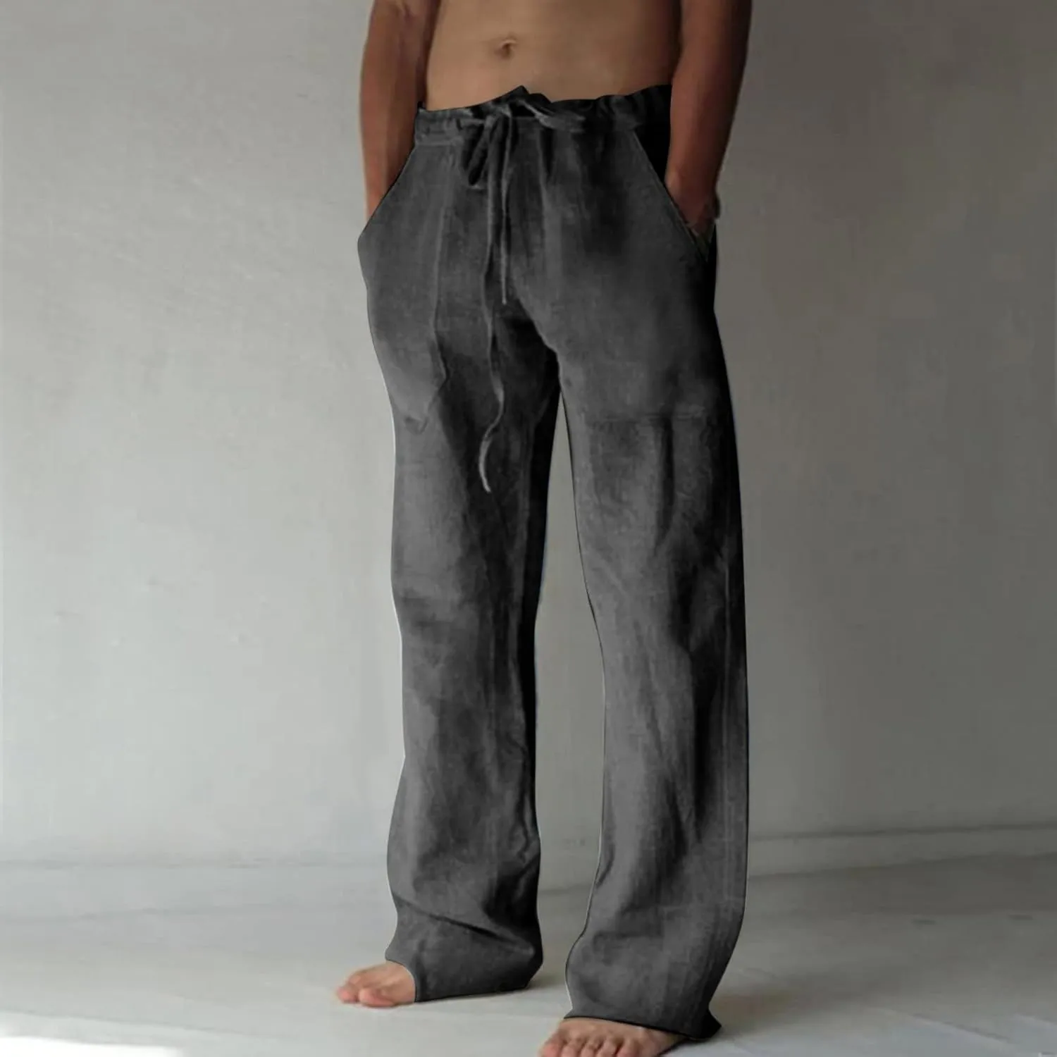 Linen Pants Men Casual Lightweight Loose Summer Beach Pant Elastic Waist Drawstring Wide Leg Yoga Trouser with Pocket