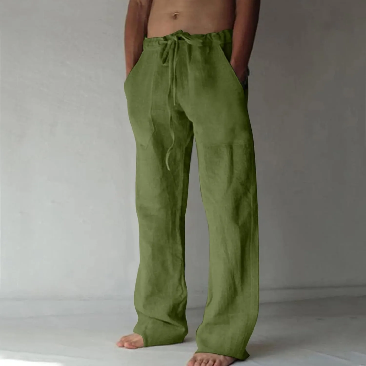 Linen Pants Men Casual Lightweight Loose Summer Beach Pant Elastic Waist Drawstring Wide Leg Yoga Trouser with Pocket
