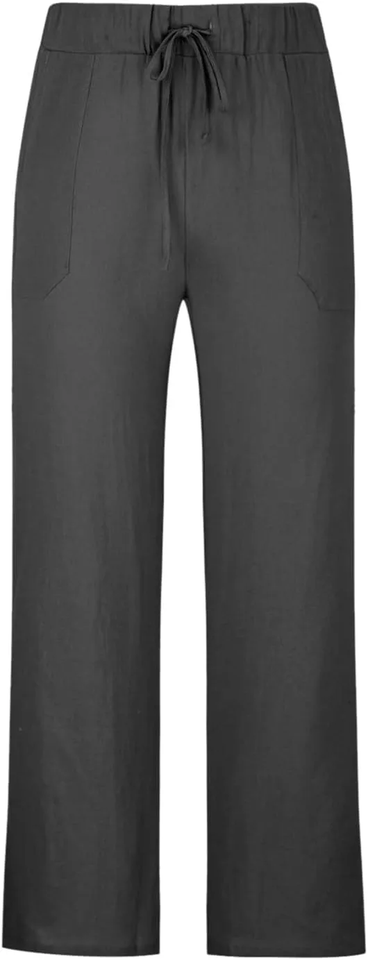 Linen Pants Men Casual Lightweight Loose Summer Beach Pant Elastic Waist Drawstring Wide Leg Yoga Trouser with Pocket