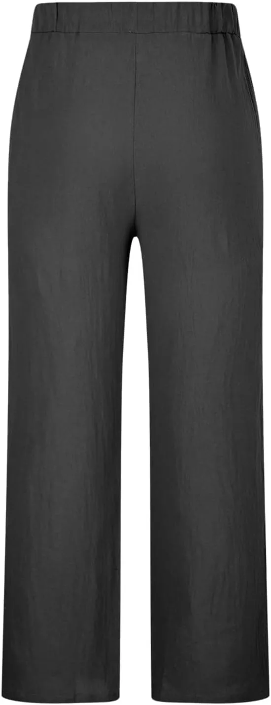 Linen Pants Men Casual Lightweight Loose Summer Beach Pant Elastic Waist Drawstring Wide Leg Yoga Trouser with Pocket