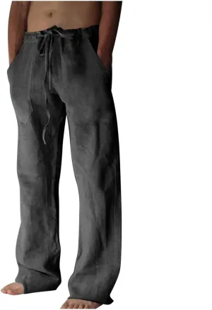 Linen Pants Men Casual Lightweight Loose Summer Beach Pant Elastic Waist Drawstring Wide Leg Yoga Trouser with Pocket