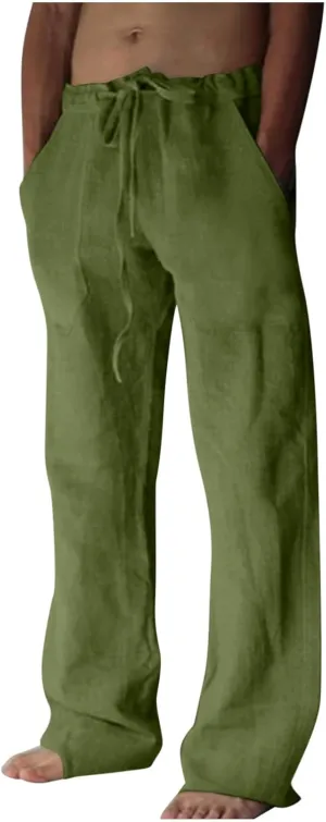 Linen Pants Men Casual Lightweight Loose Summer Beach Pant Elastic Waist Drawstring Wide Leg Yoga Trouser with Pocket