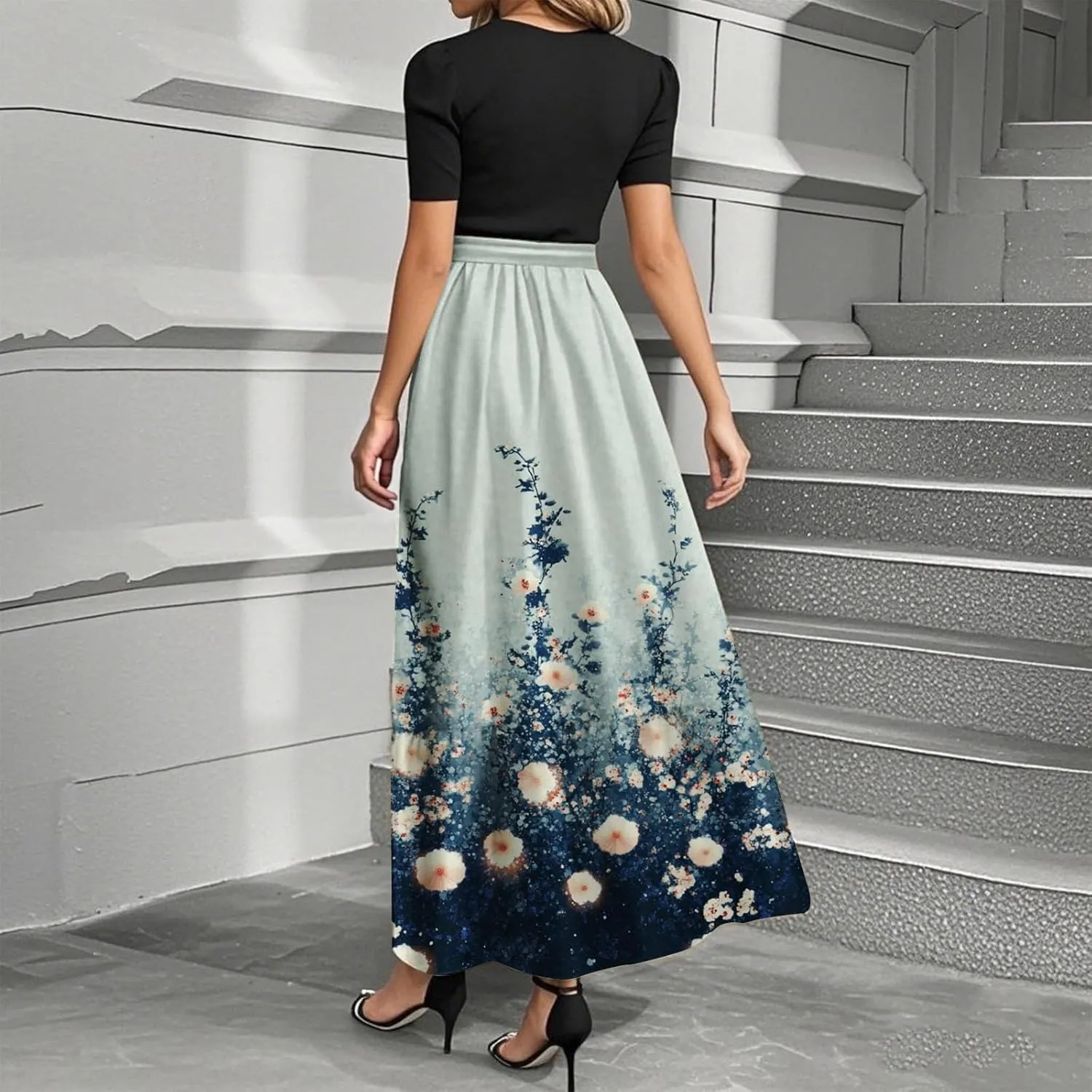 Long Floral Dresses for Women 2025 Elegant Tie Belted Patchwork Dress Empire Waist Short Sleeve Flowy Maxi Dress