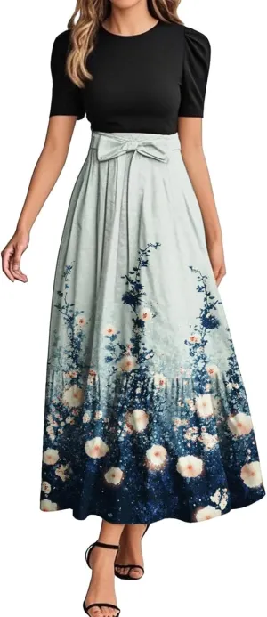 Long Floral Dresses for Women 2025 Elegant Tie Belted Patchwork Dress Empire Waist Short Sleeve Flowy Maxi Dress