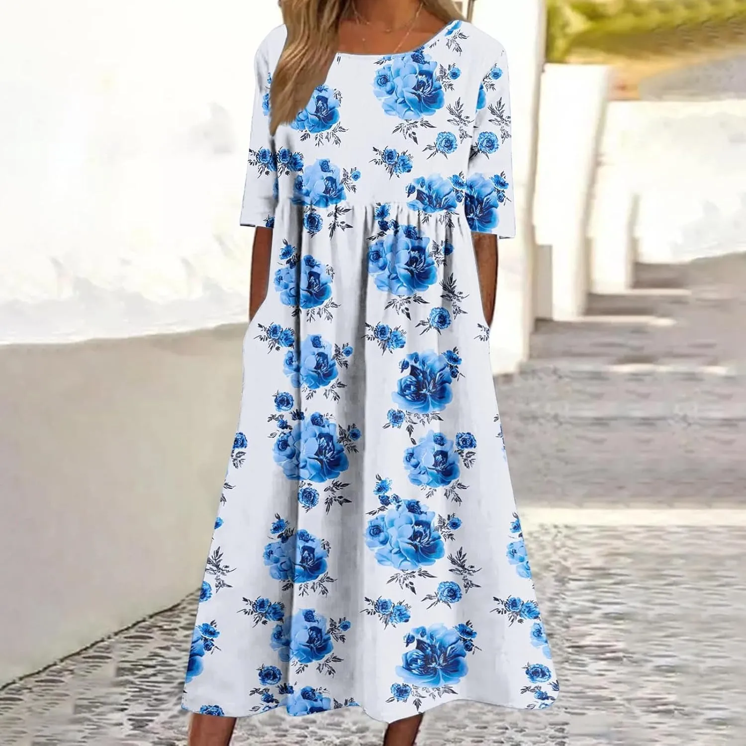 Long Maxi Summer Dresses for Women Loose Flowy A Line Floral Boho Tshirt Dress Half Sleeve Beach Vacation Sundress