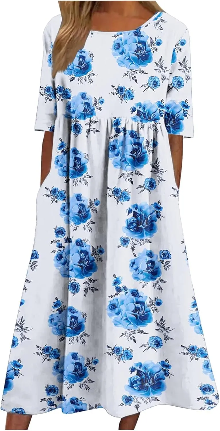Long Maxi Summer Dresses for Women Loose Flowy A Line Floral Boho Tshirt Dress Half Sleeve Beach Vacation Sundress