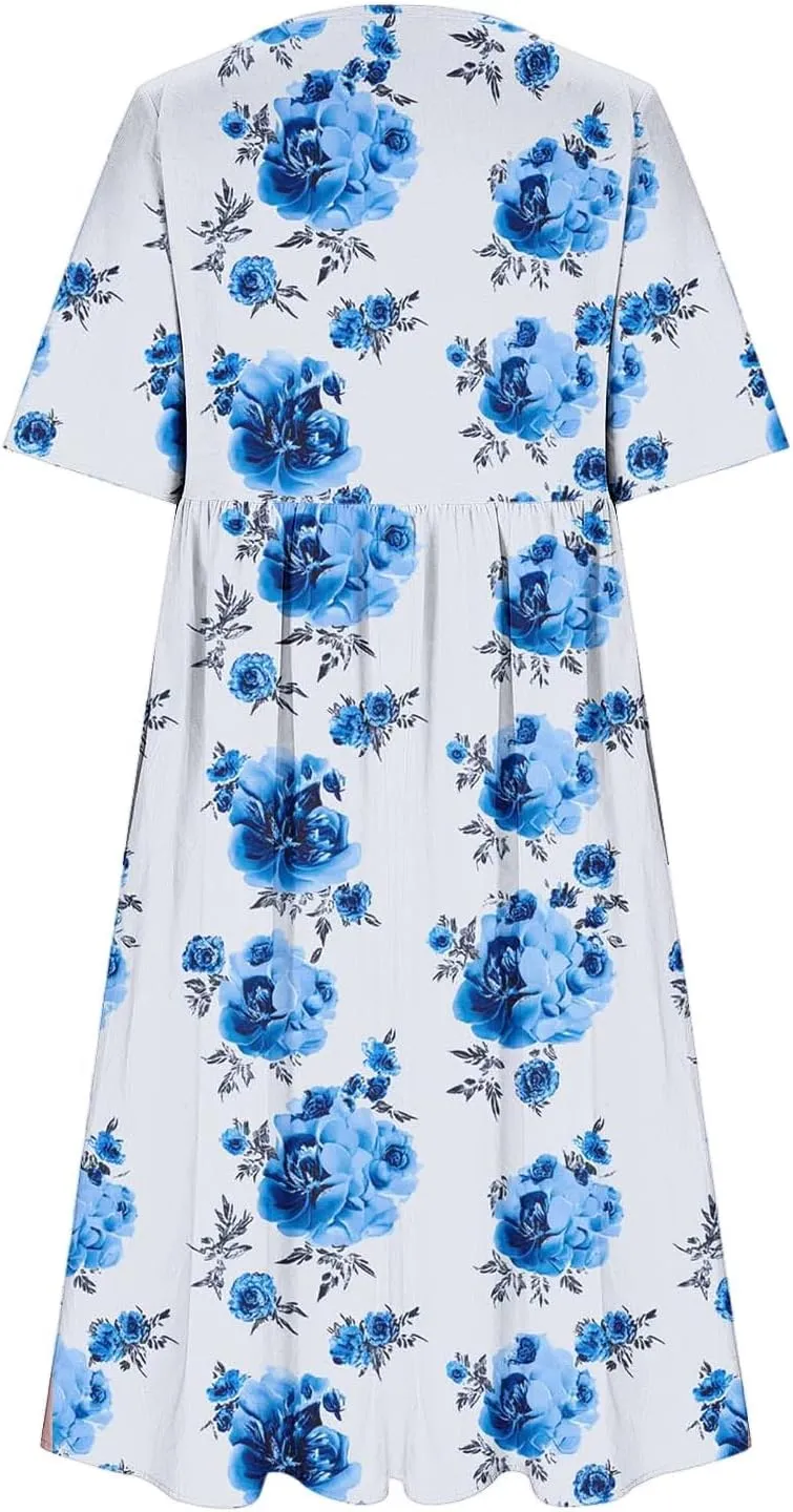 Long Maxi Summer Dresses for Women Loose Flowy A Line Floral Boho Tshirt Dress Half Sleeve Beach Vacation Sundress