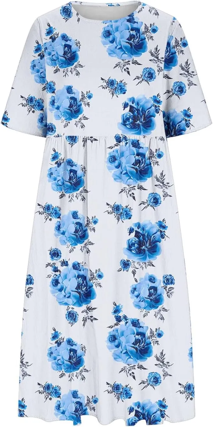 Long Maxi Summer Dresses for Women Loose Flowy A Line Floral Boho Tshirt Dress Half Sleeve Beach Vacation Sundress