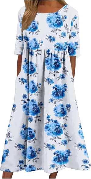Long Maxi Summer Dresses for Women Loose Flowy A Line Floral Boho Tshirt Dress Half Sleeve Beach Vacation Sundress