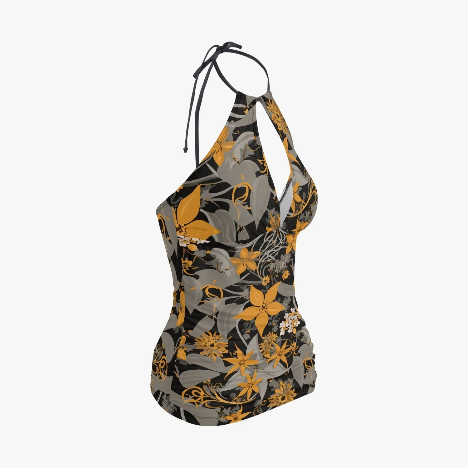 Maillot de bain deux pièces avec haut dos nu "Fleurs dorées et grises" (1033)