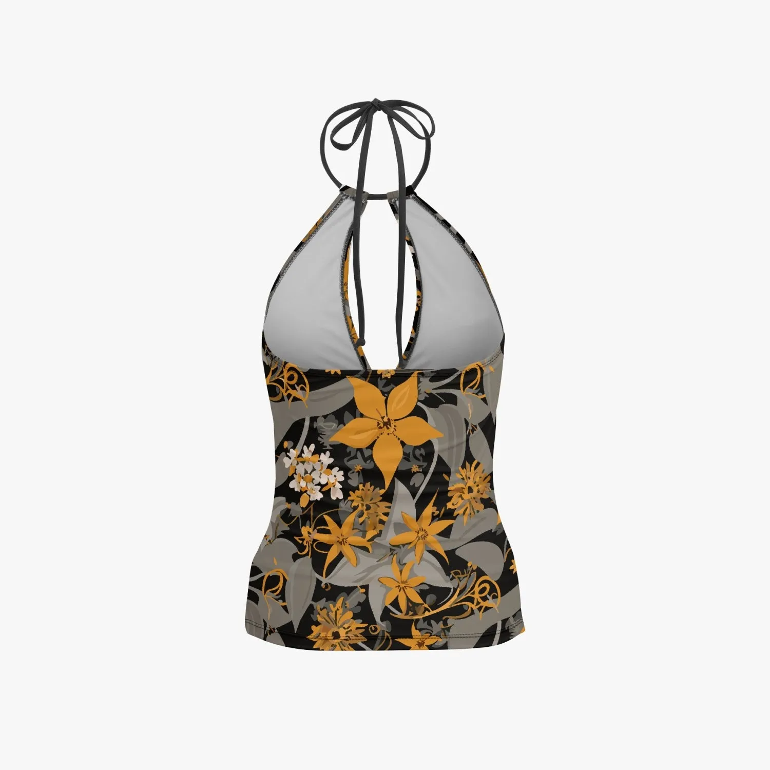 Maillot de bain deux pièces avec haut dos nu "Fleurs dorées et grises" (1033)