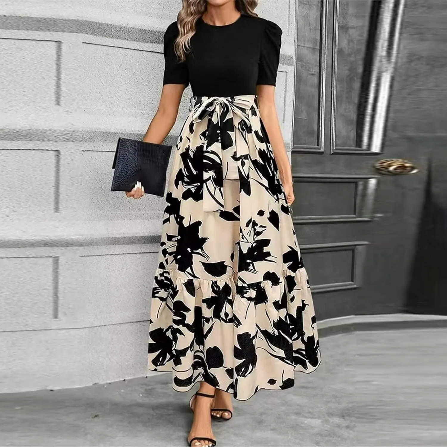 Maxi Dresses for Women 2025 Ditsy Floral Ruffle Hem Short Sleeve Dresses Tie Waist Vacation Daily Sundresses