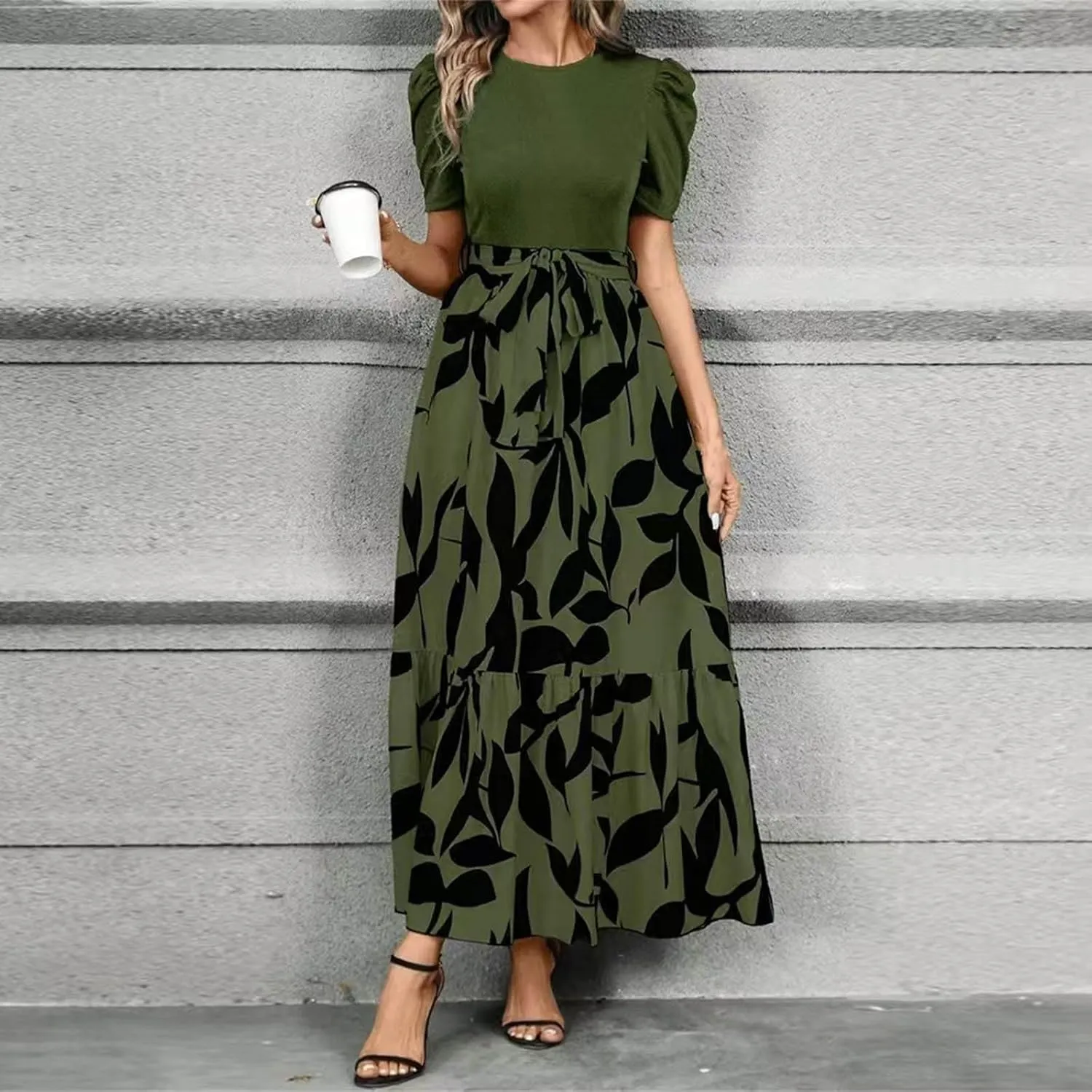 Maxi Dresses for Women 2025 Ditsy Floral Ruffle Hem Short Sleeve Dresses Tie Waist Vacation Daily Sundresses