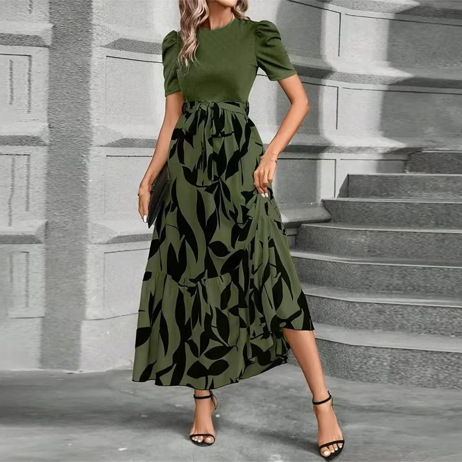 Maxi Dresses for Women 2025 Ditsy Floral Ruffle Hem Short Sleeve Dresses Tie Waist Vacation Daily Sundresses