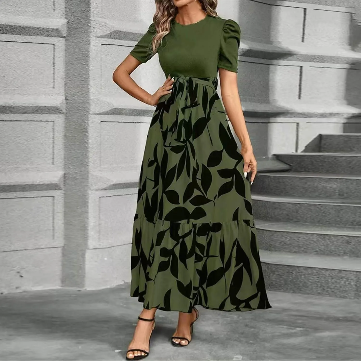 Maxi Dresses for Women 2025 Ditsy Floral Ruffle Hem Short Sleeve Dresses Tie Waist Vacation Daily Sundresses