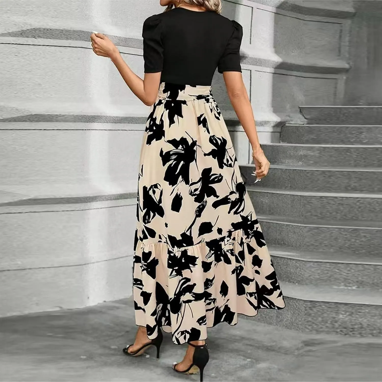Maxi Dresses for Women 2025 Ditsy Floral Ruffle Hem Short Sleeve Dresses Tie Waist Vacation Daily Sundresses