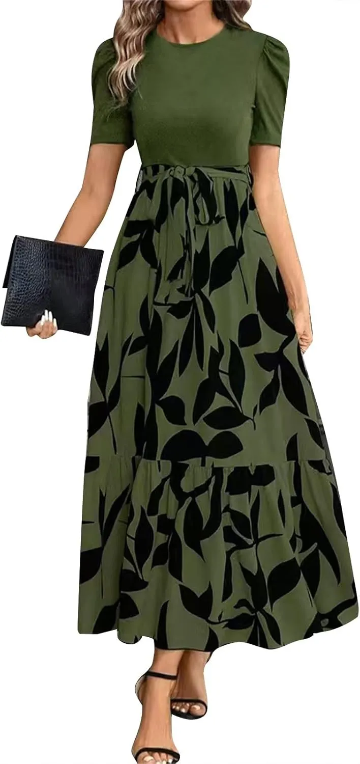 Maxi Dresses for Women 2025 Ditsy Floral Ruffle Hem Short Sleeve Dresses Tie Waist Vacation Daily Sundresses