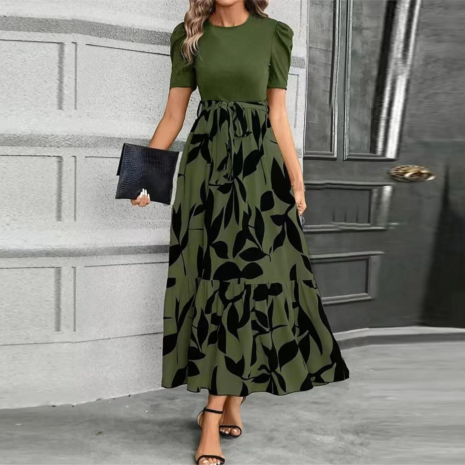 Maxi Dresses for Women 2025 Ditsy Floral Ruffle Hem Short Sleeve Dresses Tie Waist Vacation Daily Sundresses