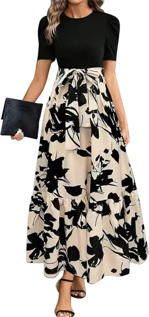 Maxi Dresses for Women 2025 Ditsy Floral Ruffle Hem Short Sleeve Dresses Tie Waist Vacation Daily Sundresses