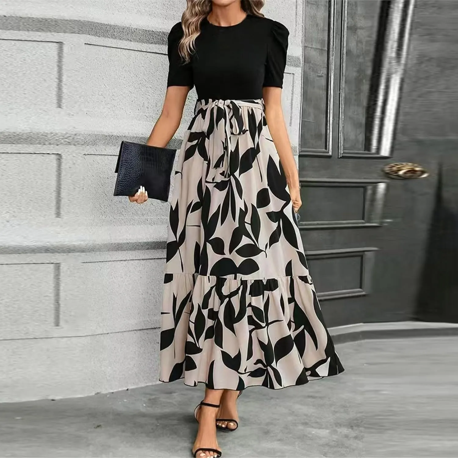 Maxi Dresses for Women 2025 Ditsy Floral Ruffle Hem Short Sleeve Dresses Tie Waist Vacation Daily Sundresses