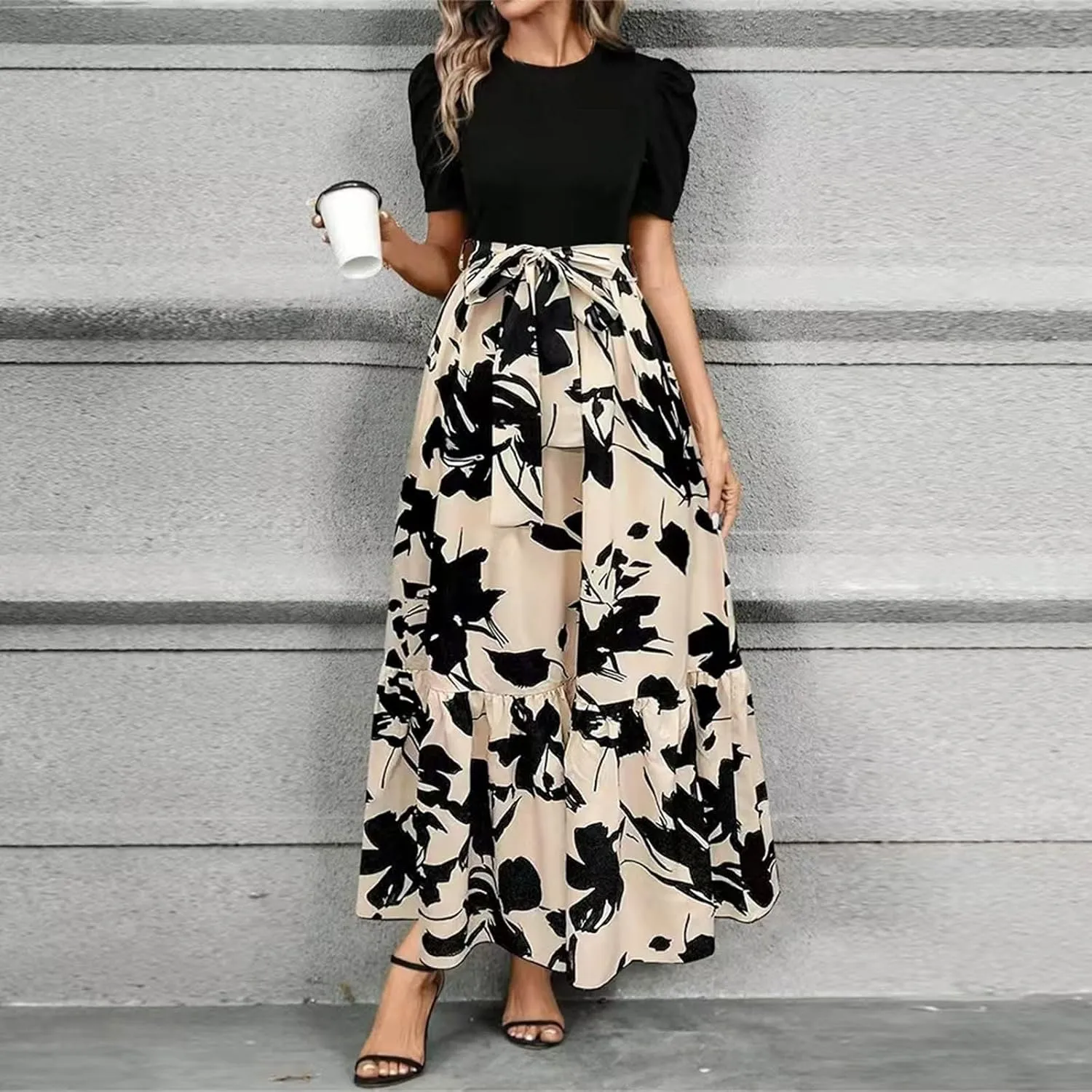 Maxi Dresses for Women 2025 Ditsy Floral Ruffle Hem Short Sleeve Dresses Tie Waist Vacation Daily Sundresses