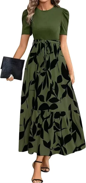 Maxi Dresses for Women 2025 Ditsy Floral Ruffle Hem Short Sleeve Dresses Tie Waist Vacation Daily Sundresses