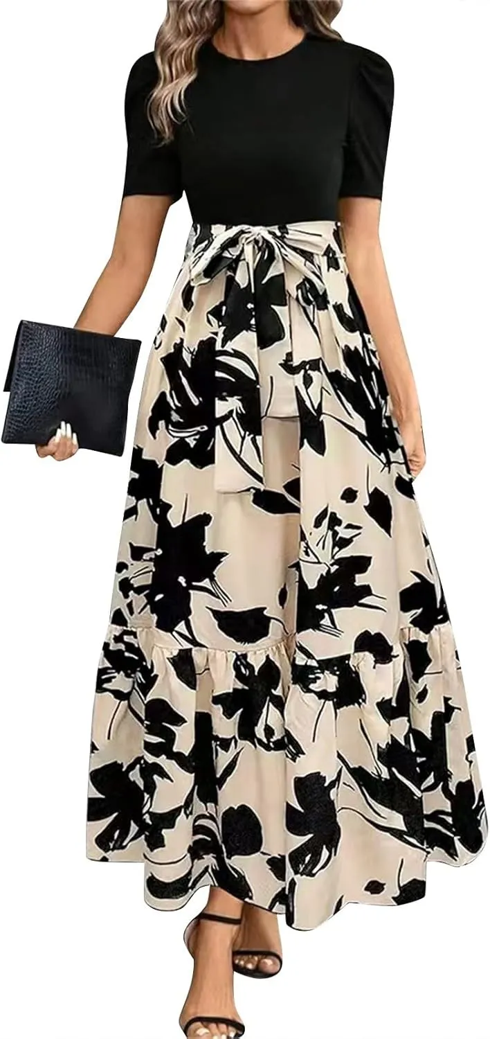 Maxi Dresses for Women 2025 Ditsy Floral Ruffle Hem Short Sleeve Dresses Tie Waist Vacation Daily Sundresses
