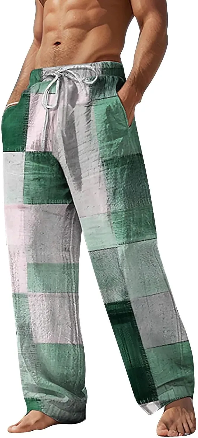 Mens Linen Beach Pants Big and Tall Casual Lounge Drawstring Vacation Print Pants with Pockets Lightweight Trousers