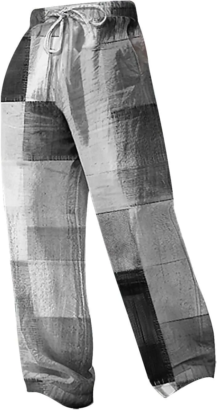 Mens Linen Beach Pants Big and Tall Casual Lounge Drawstring Vacation Print Pants with Pockets Lightweight Trousers