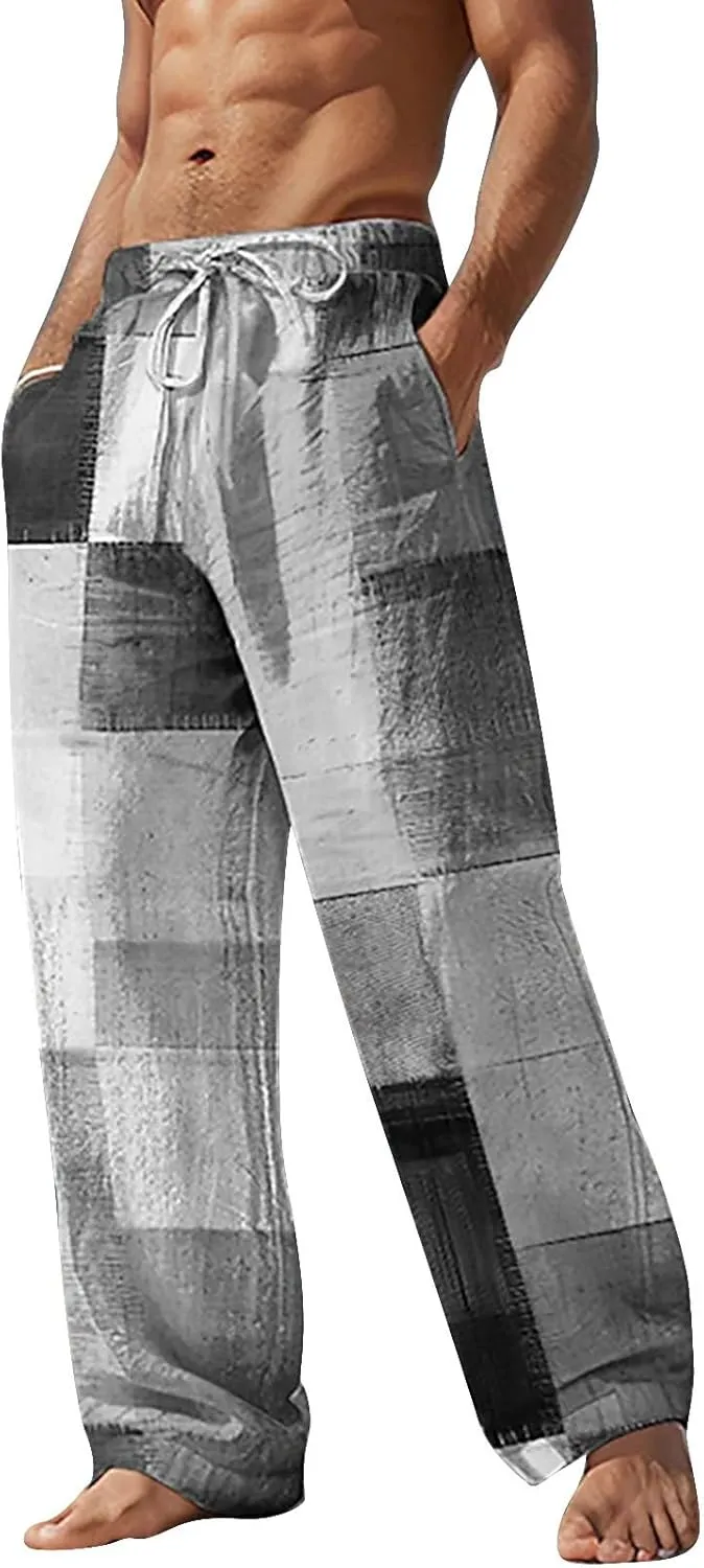 Mens Linen Beach Pants Big and Tall Casual Lounge Drawstring Vacation Print Pants with Pockets Lightweight Trousers