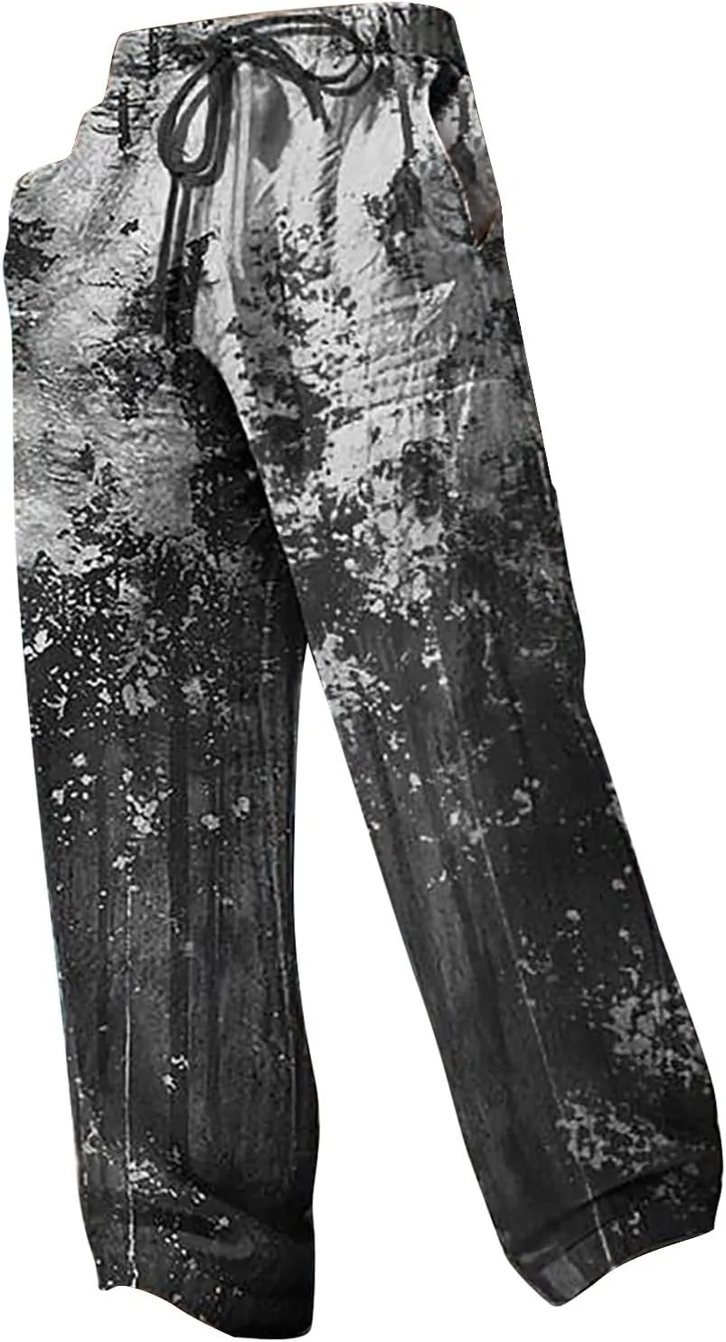 Mens Linen Beach Pants Big and Tall Casual Lounge Drawstring Vacation Print Pants with Pockets Lightweight Trousers