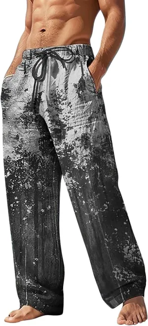 Mens Linen Beach Pants Big and Tall Casual Lounge Drawstring Vacation Print Pants with Pockets Lightweight Trousers