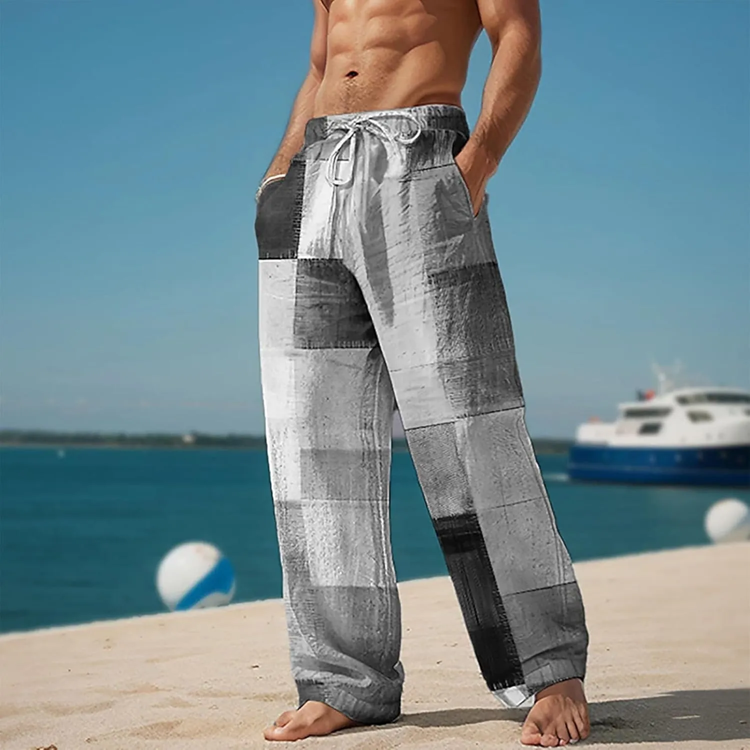 Mens Linen Beach Pants Big and Tall Casual Lounge Drawstring Vacation Print Pants with Pockets Lightweight Trousers