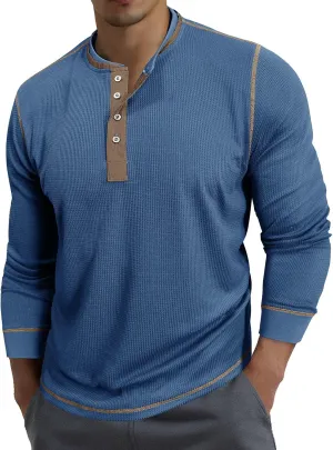 Men's Long Sleeve Waffle Henley Shirts Fashion Vintage Color Block Plaid Button T-Shirt Lightweight Pullover Shirt