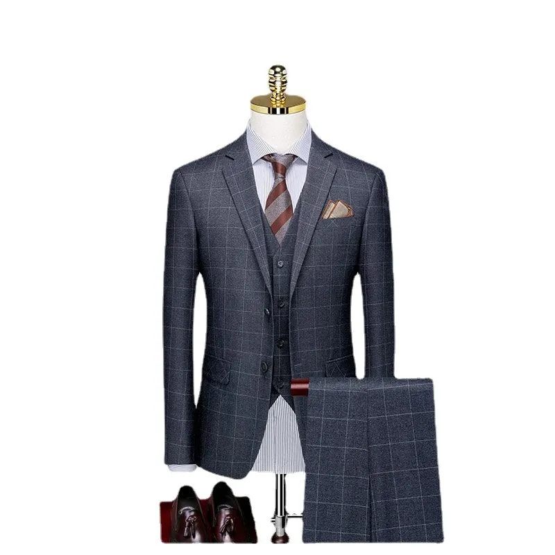 Men's Three Piece Suit Autumn Professional Formal Suit Plaid Bridegroom's Wedding Dress Business Customized Suit