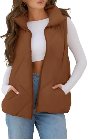 MEROKEETY Womens 2025 Puffer Vest Sleeveless Zip Up Quilted Coat Stand Collar Gilet Jacket With Pockets