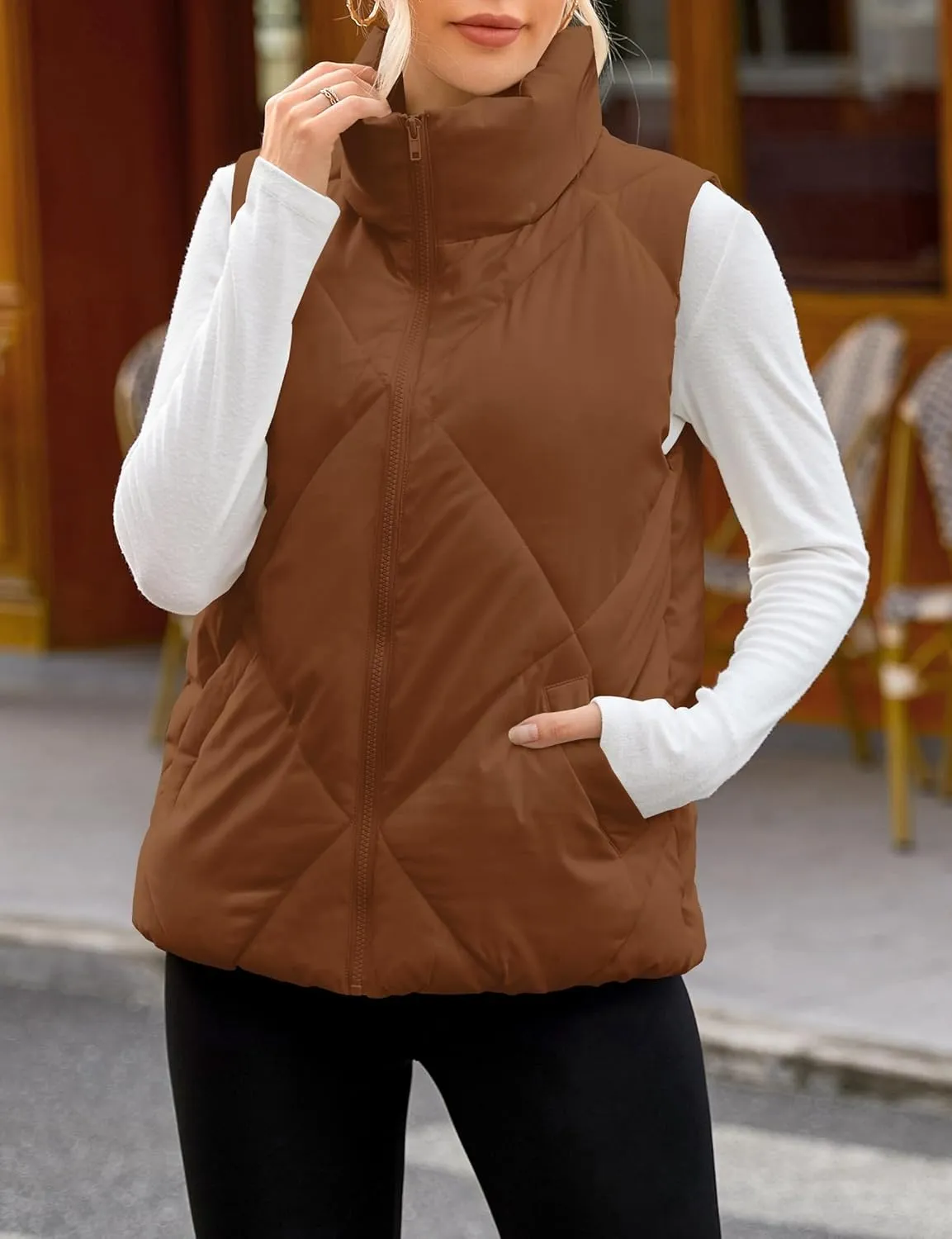 MEROKEETY Womens 2025 Puffer Vest Sleeveless Zip Up Quilted Coat Stand Collar Gilet Jacket With Pockets