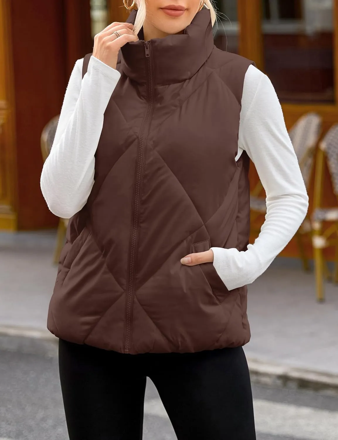 MEROKEETY Womens 2025 Puffer Vest Sleeveless Zip Up Quilted Coat Stand Collar Gilet Jacket With Pockets