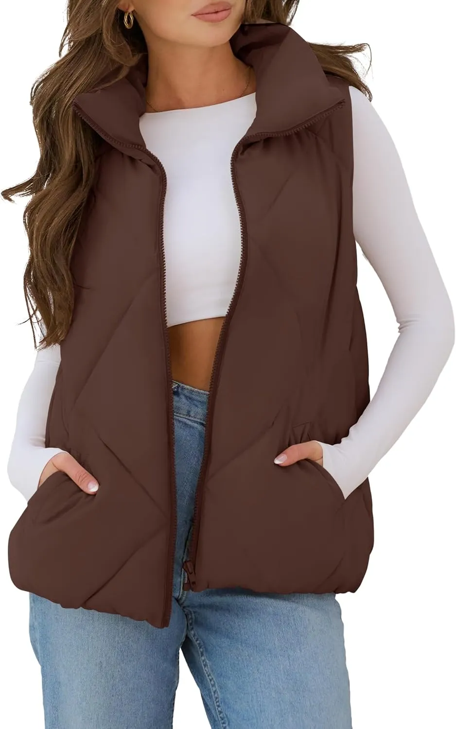 MEROKEETY Womens 2025 Puffer Vest Sleeveless Zip Up Quilted Coat Stand Collar Gilet Jacket With Pockets