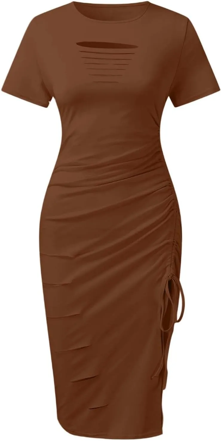 Midi Dresses for Women Casual Formal Dresses Hollow Out Ruched Slit Bodycon Dress Side Slit Drawstring Club Party