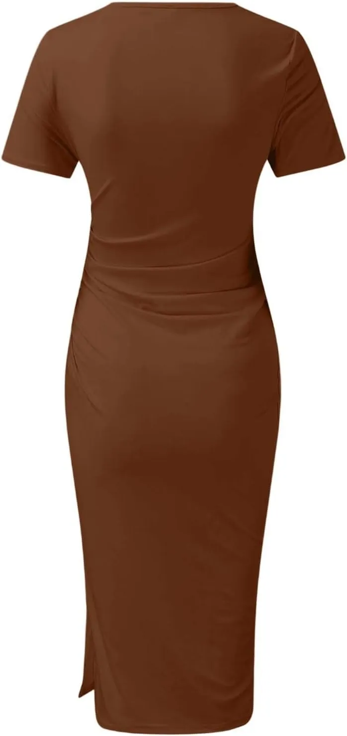 Midi Dresses for Women Casual Formal Dresses Hollow Out Ruched Slit Bodycon Dress Side Slit Drawstring Club Party