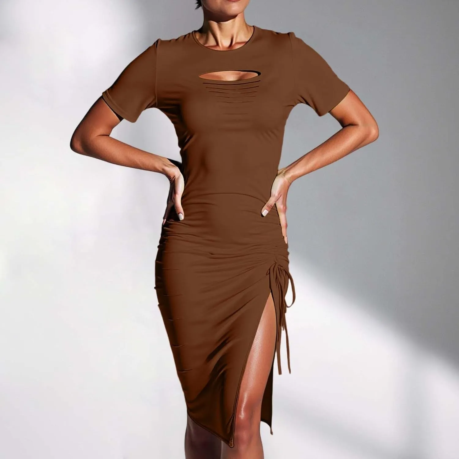 Midi Dresses for Women Casual Formal Dresses Hollow Out Ruched Slit Bodycon Dress Side Slit Drawstring Club Party