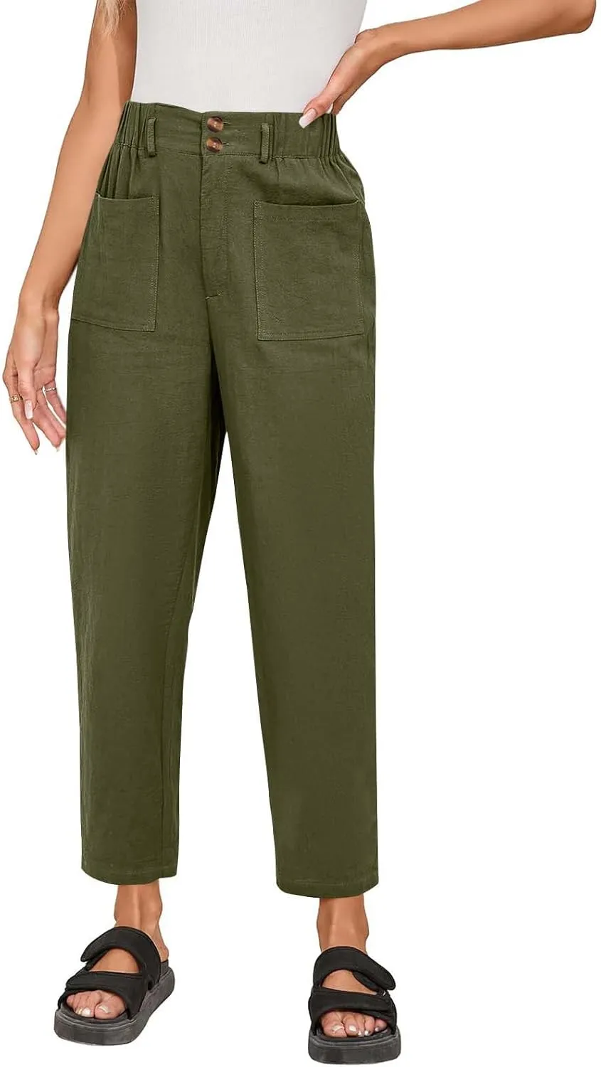 Pants for Women High Waisted Wide Leg Slacks Elastic Waist Casual Beach Flowy Summer Solid Color Pants with Pockets