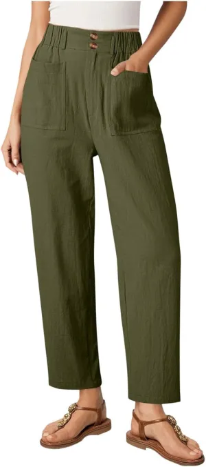 Pants for Women High Waisted Wide Leg Slacks Elastic Waist Casual Beach Flowy Summer Solid Color Pants with Pockets
