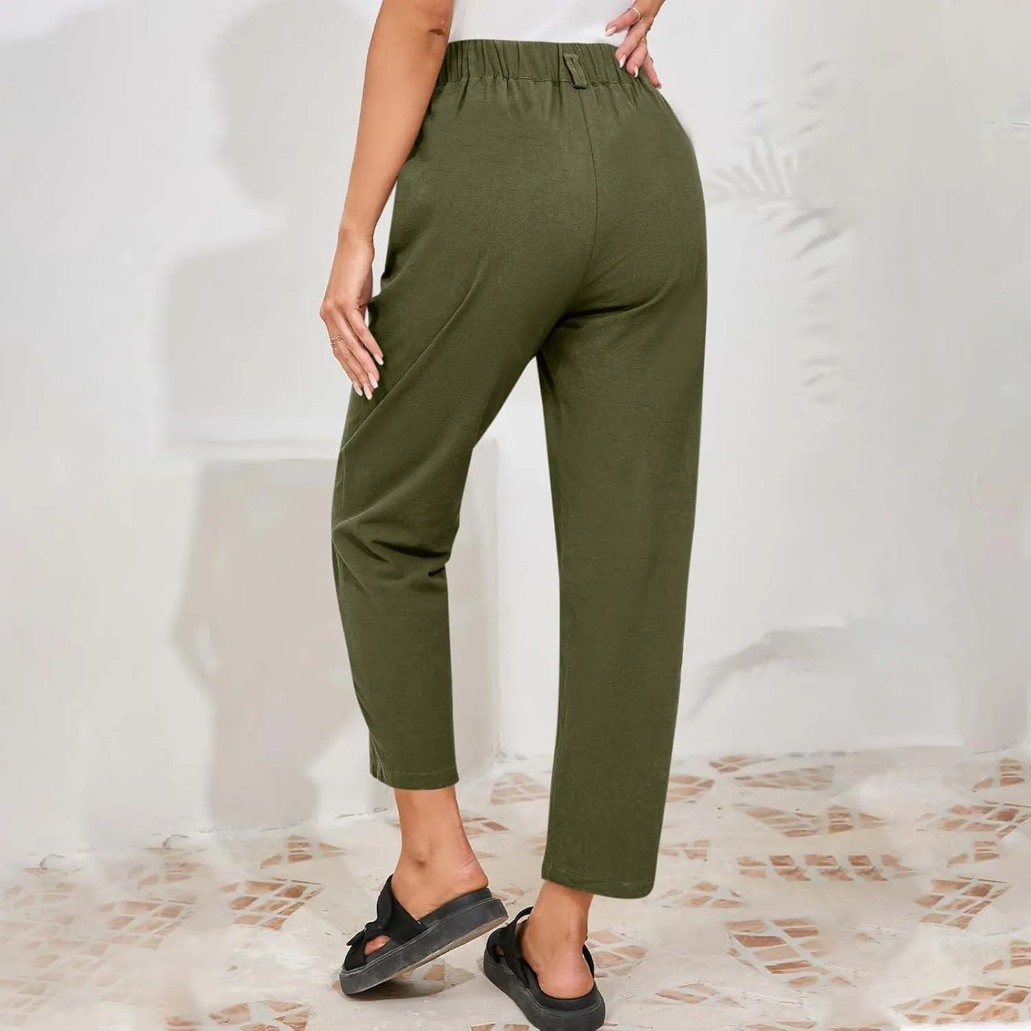 Pants for Women High Waisted Wide Leg Slacks Elastic Waist Casual Beach Flowy Summer Solid Color Pants with Pockets