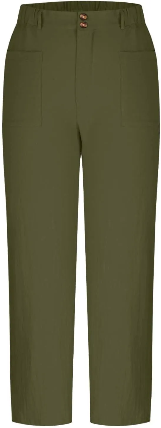Pants for Women High Waisted Wide Leg Slacks Elastic Waist Casual Beach Flowy Summer Solid Color Pants with Pockets