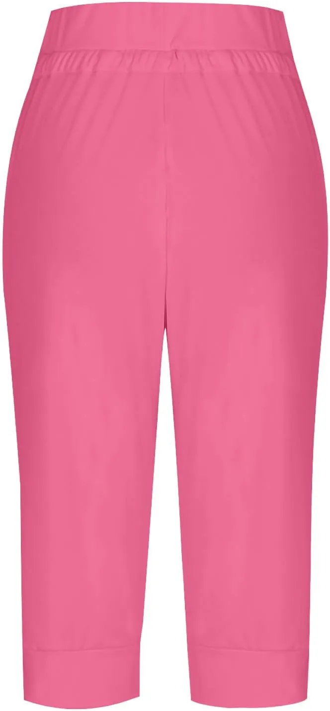 Plus Size Capri Pants for Women Summer High Waisted Capris Pant Cropped Trouser Pants Stretchy Joggers Pant with Pocket
