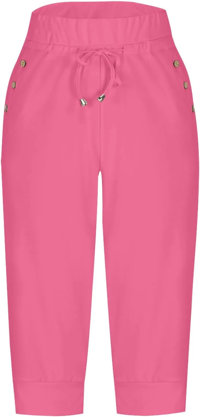 Plus Size Capri Pants for Women Summer High Waisted Capris Pant Cropped Trouser Pants Stretchy Joggers Pant with Pocket